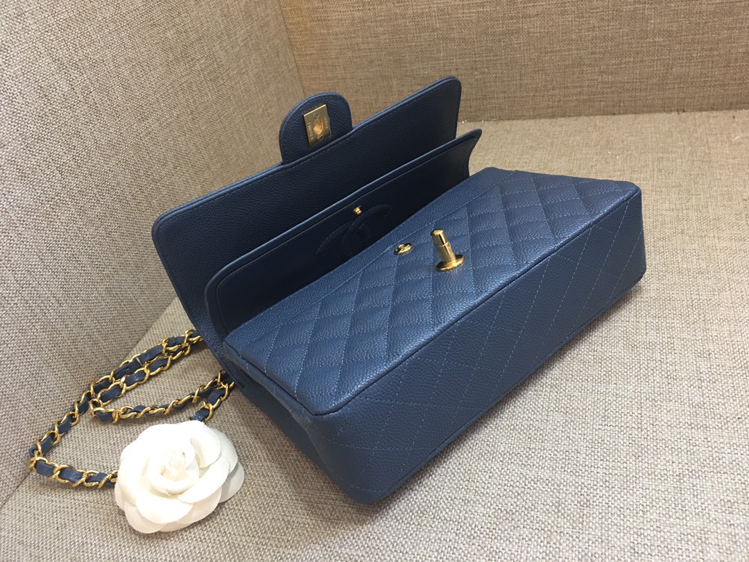 Medium Classic Flap Caviar Bag A01112 Dark Blue/Gold